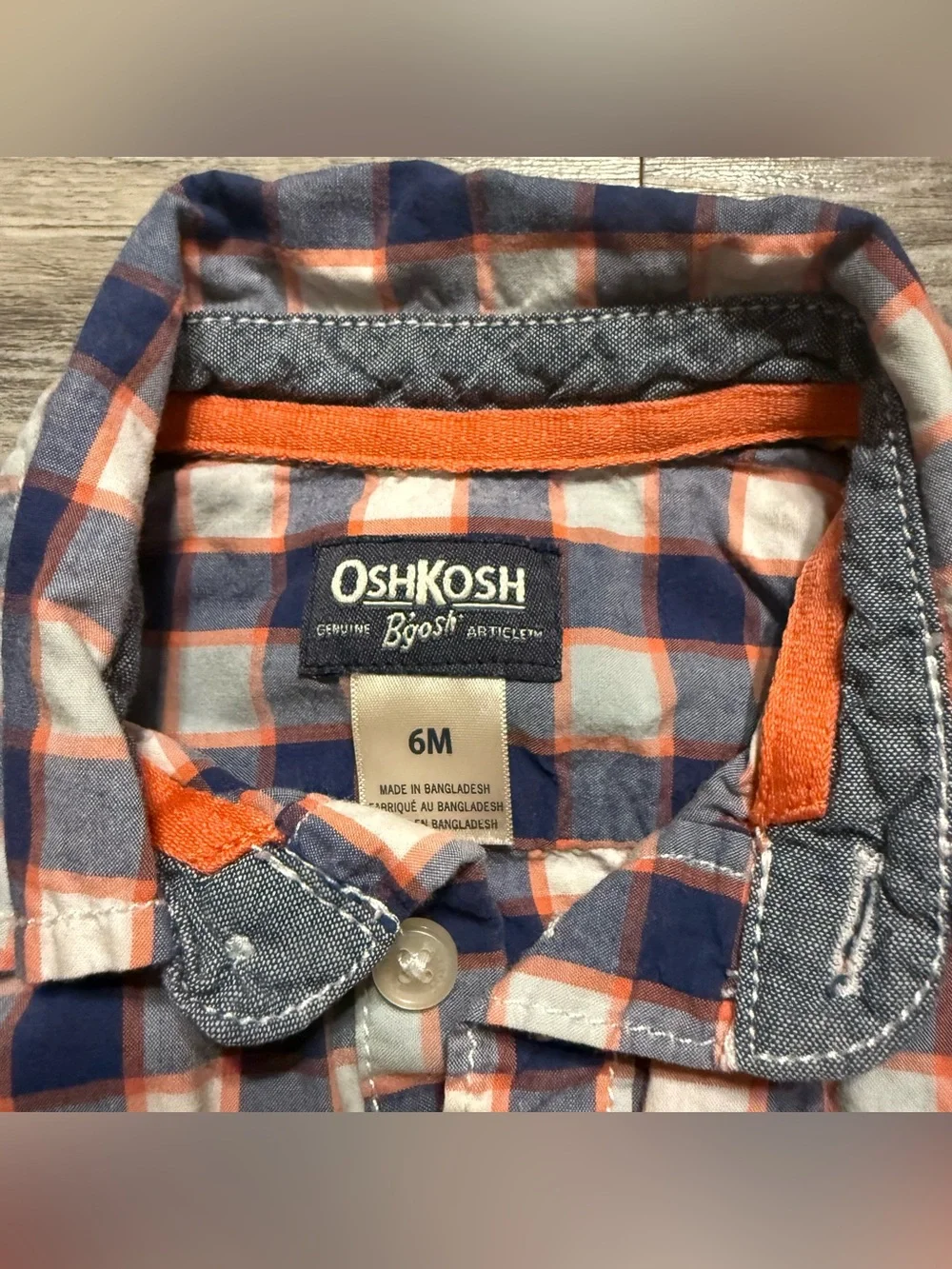 Baby B'gosh Plaid Button Up Bodysuit 6M Navy Blue Orange Snap Bottom